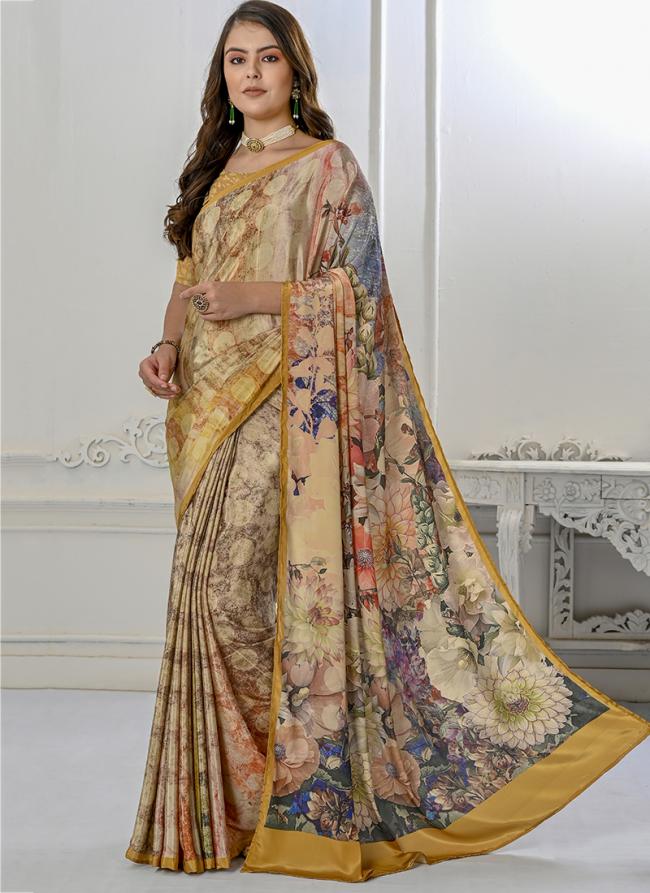 Crepe Soft Silk Beige Traditional Wear Printed Saree